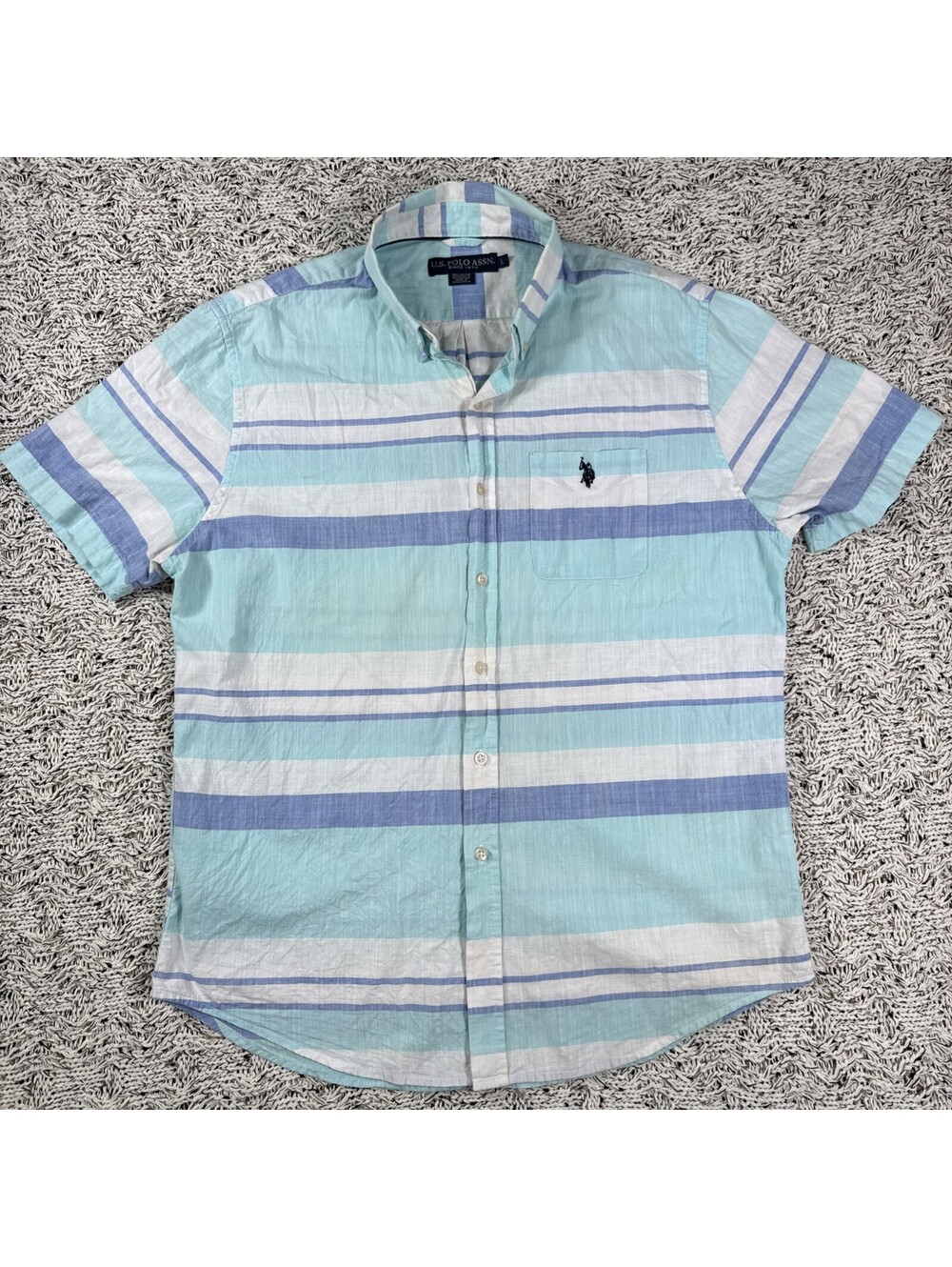U.S. POLO ASSN. Shirt Mens Large Stripe Short Sleeve Button Down Blue